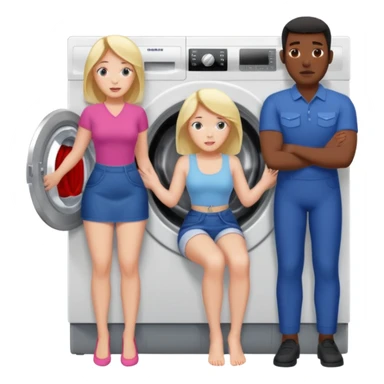 Eine Frau steckt bis zum Bauch in einer Waschmaschine fest und nur die Beine gucken raus und zwei schwarze männer ziehen an ihren Beinen um sie raus zu holen  sticker