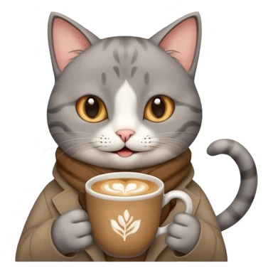 Happy gray Cat holding in its front two paws an hot latte sticker