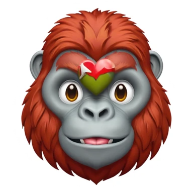 red haired gorilla head with white heart, apple style emoji, no text sticker