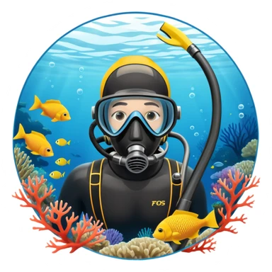 An icon featuring a close-up of a freediving mask and snorkel, with a breath-holding diver's fins, set against a vibrant underwater world. The design includes coral reefs, fish, and bubbles, symbolizing the serene beauty and thrill of freediving. Transparent background highlights the calm sticker