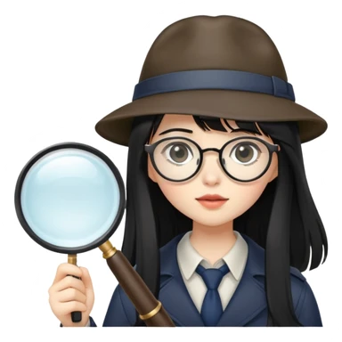 asian pale skin girl with long black hair and bangs and glasses holding a magnifying glass wearing a detective hat sticker