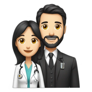 husband american 55 dark hair trimmed beard business suit pastor holding bible, wife asian age 55 black shoulder length hair wearing nurse, no children sticker