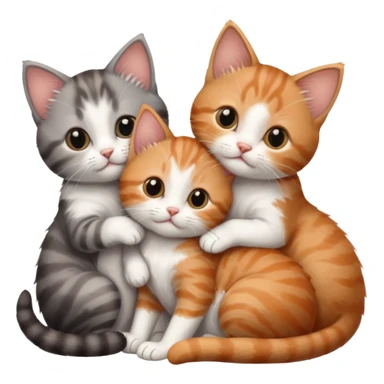 3 very small kittens cuddling together all different colours, the first one is grey and white, the second is ginger and white and the third is brown tabby and white sticker