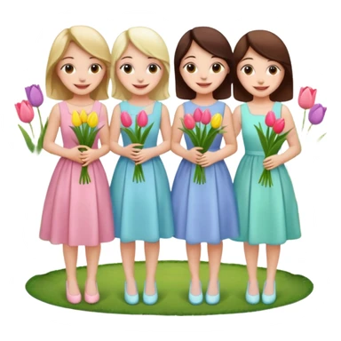 5 girls at a garden party wearing pastel dresses and holding tulips sticker
