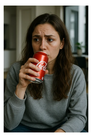 donna con ansia. Che beve coca cola. Immagini realistiche sticker