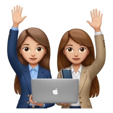 

two brown haired girls, looking professional maybe leaned on each others back and looking forward and waving with long hair and one girl can hold lap top another one can hold the phone, professional clothes, more stylish

 sticker