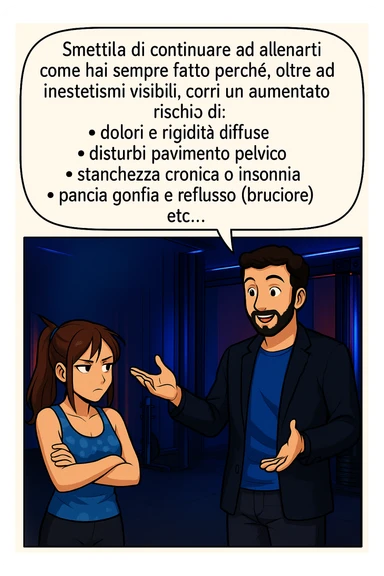 TRASFORMA QUESTO CAROSELLO IN UN FUMETTO STILE MANGA A COLORI CON QUESTE DUE PERSONE IDENTICHE CHE INTERLOQUISCONO TRA LORO, LA DONNA HA UN ESPRESSIONE PENSIEROSA MENTRE LO ASCOLTA:

LUI (UOMO): Smettila di continuare ad allenarti come hai sempre fatto perché, oltre ad inestetismi visibili, corri un aumentato rischio di:
    • dolori e rigidità diffuse
    • disturbi pavimento pelvico
    • stanchezza cronica o insonnia
    • pancia gonfia e reflusso (bruciore)
    • etc…

 sticker