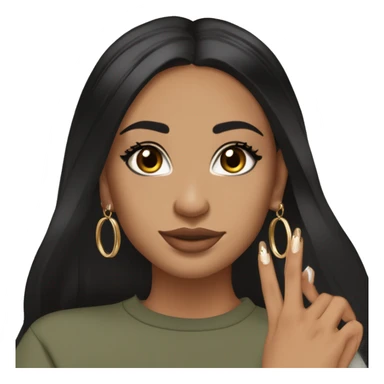 Glamorous, streetwear, black hair, long straight hair, olive skin, brown almond eyes, winged eyeliner with big lashes, wearing hooped earrings, rings and bracelets, almond shaped fake nails, wearing athletic wear sticker