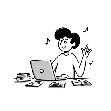 A smiling musician sitting at a desk with a laptop, raising hand during class sticker
