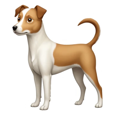 a full body large white parson russell looking dog the size of a kelpie with light brown flapped down ears and a light brown patch on one eye and a large snout sticker