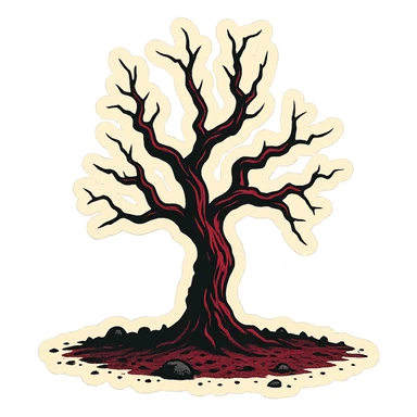 Create a dark, gloomy dry tree as shown in the reference image. Use the retro stickers style with clear black outlines, expressive shadows and highlights. Avoid gradients, use only sharp color transitions. sticker