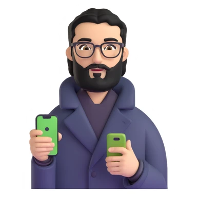 professional man standing upright, wearing black coat, with medium black beard, neat black hair, connected unibrow, olive tan skin, brown eyes, glasses, prominent nose, holding a smartphone sticker