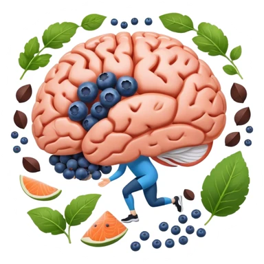 brain surrounded by healthy lifestyle choices, exercising, salmon, dark chocolate, blueberries, seeds, leafy greens . brain booster sticker