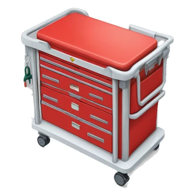 Singular Red medical crash cart is a mobile, multi-drawer unit designed to store and organize emergency medical supplies and equipment and a cardiac defibrillator on top sticker