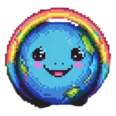 fantasy planet with rainbow rings and a cute smiling face sticker
