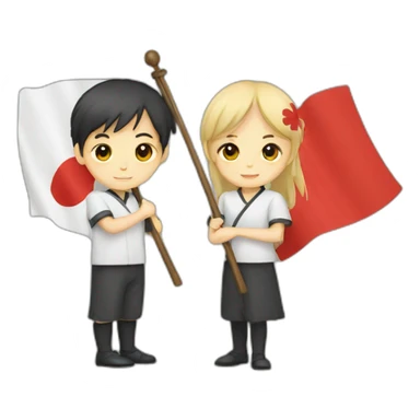 boy and girl holding Japanese flag sticker