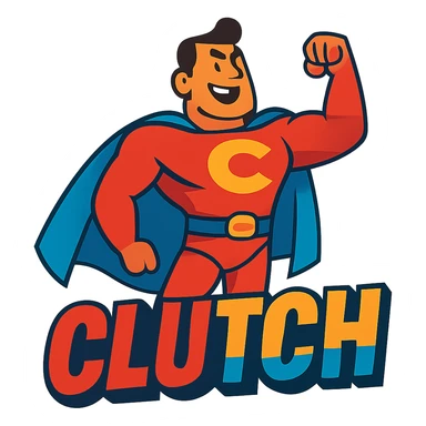 A hero with one hand and the text 'CLUTCH', bold and empowering, vibrant colors sticker