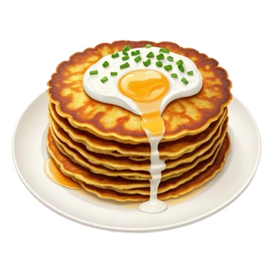 Cinematic Realistic Placki Ziemniaczane Dish Emoji, depicted as crispy potato pancakes served with sour cream rendered with vivid textures and warm, appetizing lighting. sticker