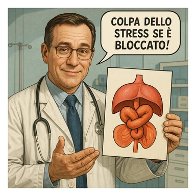 hyper realistic doctor holding a stylized diaphragm with a large knot, reassuring expression, comic with the phrase 'Colpa dello stress se è bloccato!', realistic details, medical environment sticker