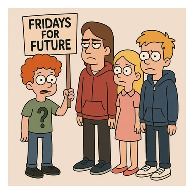  Fridays for Future a boy orange curly hair green question t-shirt jeans black shoes boy brown Hockey Hair red hoodie black trousers navy blue trainer shoes girl yellow hair with shirt dress pink shoe boy Yellow Orange hair blue jackets hoodie dark blue jeans white shoe  sticker