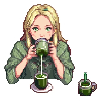 blonde girl drinking matcha, pixel art style sticker