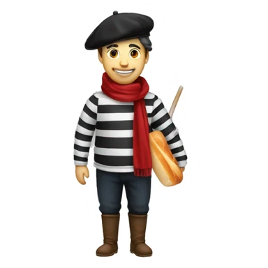 a french guy with a beret, black and white striped clothes, a red scarf and a baguette on his back. And a glass of red wine sticker