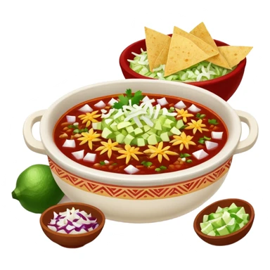 A delicious hot bowl of pozole rojo with separate sides next to the bowl: white chopped onions, green shredded cabbage, lime wedges, red chile de arbol salsa, and round tostadas sticker