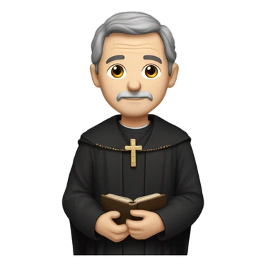 "An middle aged man with brown hair, a weathered face, and a solemn expression. He wears a black robe with a clerical collar and holds a Bible or rosary, standing in a modest church." sticker