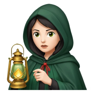 traitor tv show, dark haired woman wearing dark green cloak with hood up who looks very evil, is holding up a lantern, and is tilting her head down sticker