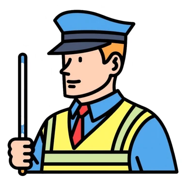 Russian traffic police officer with reflective vest, blue uniform, peaked cap, directing traffic with striped baton sticker