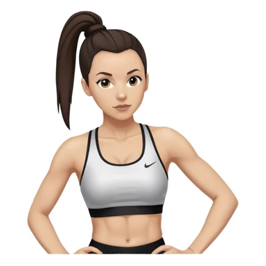 Melanie chisholm with a dark brown high ponytail wearing a sports bra and a track pants sticker