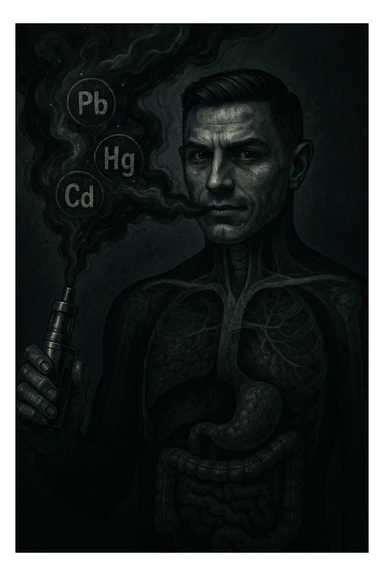 A stylized and unsettling electronic cigarette releasing dark metallic smoke filled with toxic particles. Within the smoke, symbols of heavy metals (Pb, Hg, Cd) travel towards a transparent human body. Inside the body, the liver and intestines appear blackened or visibly clogged. The atmosphere is dark, medical-symbolic style with cold metallic colors, conveying a strong and disturbing visual message. The face is inspired by the reference photo provided. sticker