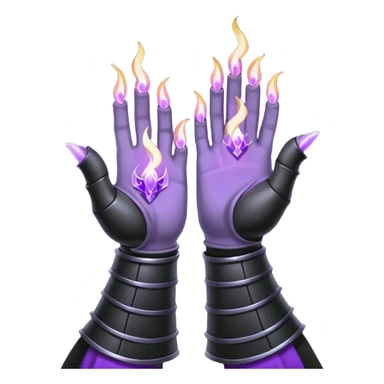 A Discord emoji of a pair of black armored gauntlets holding a flickering violet flame. The hands are positioned as if offering a gift. Dark gothic fantasy, glowing magical effects, high contrast, 2D vector style, white background. sticker