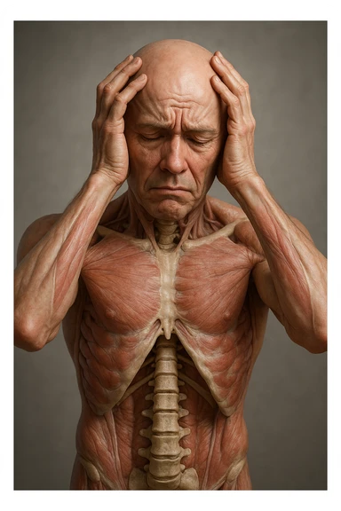 CORPO UMANO ANATOMICO con spina dorsale in evidenza, molto stanca e stressata mentre si tiene le mani sulla testa, IPERREALISTICO 4K sticker