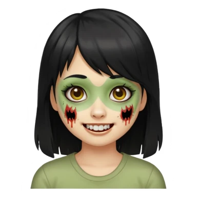 Girl with black hair and raccoon blonde streaks, bangs, light skin, zombie version, pale green skin, emoji style. sticker