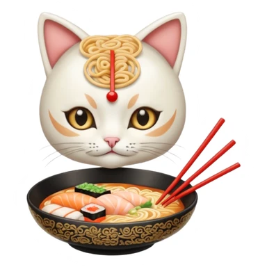 Maine coincide cat orante anda White, With a ramen, anda a clip With sushi form on the head sticker