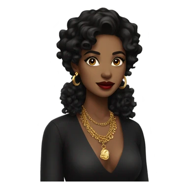 girl with medium wavy curly black hair, dark eyes, gold earrings and necklace and bold lips sticker