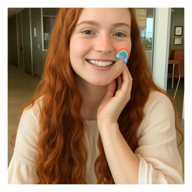 21 years old girl with red head using sticker sticker