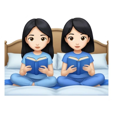two asian girls black hair on the bed reading blue books sticker