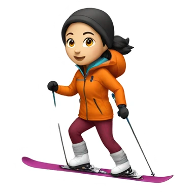 Asian girl skiing with orange jacket and burgundy pants sticker