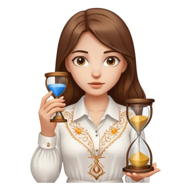 A Ukrainian girl with brown hair wearing a white embroidered shirt holds an hourglass in her hands sticker