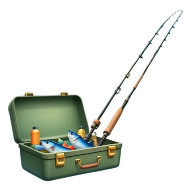 Icon for Fishing Travel: a fishing rod, tackle box and a boat on a calm lake surrounded by mountains and lush greenery, with fish jumping out of the water. The icon should capture the peaceful and adventurous nature of fishing trips. Transparent background. sticker