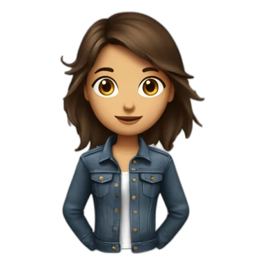Petite fille brune aux yeux marrons, qui porte un jean un t-shirt rock et un perfecto en cuir sticker