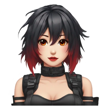 Gorgeous techwear anime style lady with blushing face aesthetic and pretty edgy black red punk hair with hair garment and collar  and harness trending style sticker