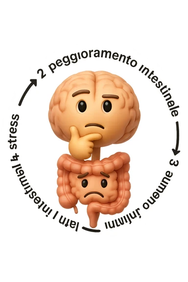 EMOJI STILE IPHONE 3D DI un cerchio con queste scritte che girano intorno in ordine per come li ho scritti "1. stress → 2. peggioramento intestinale → 3. aumento infiammazione → 4. peggioramento sintomi intestinali e sistemici." al centro del cerchio metti un cervello e intestino umani collegati verticalmente con espressione dubbiosa in volto, FALLO MOLTO REALISTICO IN 3D sticker