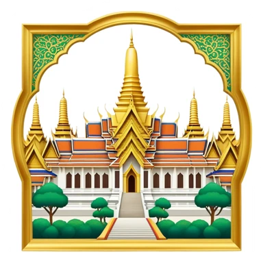 Cinematic Realistic Grand Palace Bangkok Landmark Emoji, showcasing the opulent golden spires, intricate Thai architecture, and the Emerald Buddha Temple set within a vibrant, manicured courtyard. sticker
