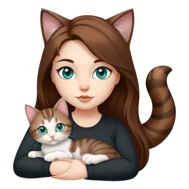 Hot curvy woman, teal eyes, long hair, with super cute kitten, she is white with brown hair, black top, the cat is a brown and grey tabby sticker
