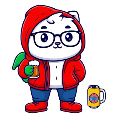 Catfish wearing a red hooded winter jacket, round glasses, blue jeans, red boots, holding a beer can with red label sticker