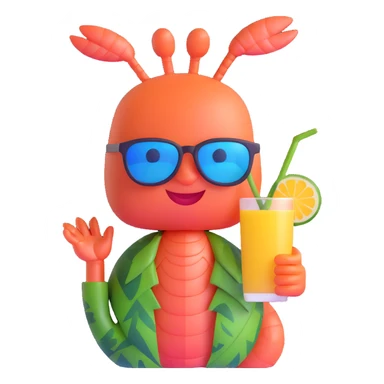 shrimp on vacation wearing sunglasses and a hawaiian shirt, holding a tropical drink, relaxing on a beach, memoji style sticker
