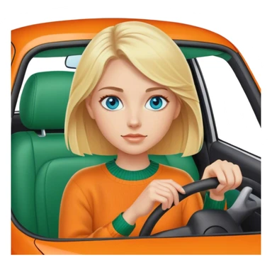 Cinematic realistic blonde with blue eyes, dressed in a green sweater, driving an orange car sticker
